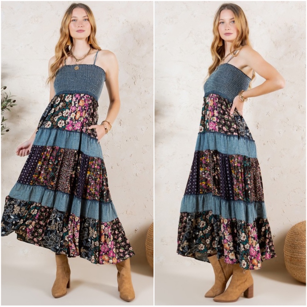 NWT Bohemian Floral Maxi Dress in Blue and Black - Picture 4 of 4
